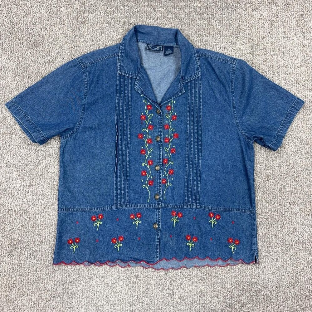 Vintage Jane Ashley Shirt Womens Large Blue Denim Floral Embroidered Boho 90s